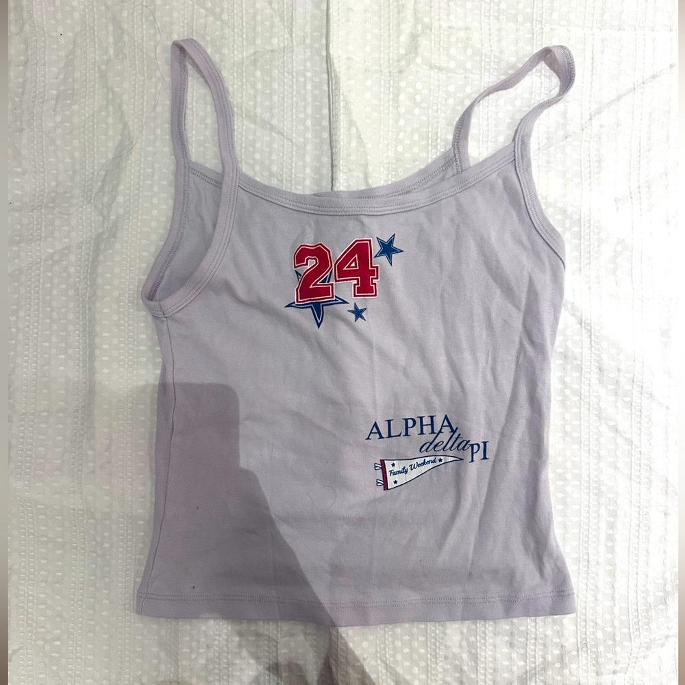 Lavender Graphic Tank Top with '24' and Alpha Delta Pi Print - Size M
